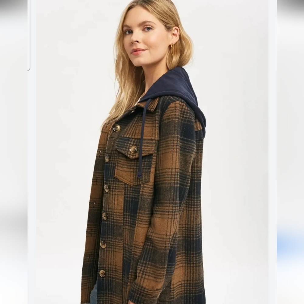 MYSTREE Plaid Hooded Utility Shacket Jacket.Navy/Brown – Size Large NWT